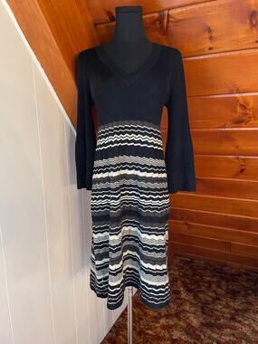 Evan Picone Y2K Style Trumpet Sleeve Striped Sweater Dress sz S